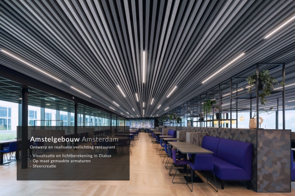 Amstelgebouw Amsterdam // Ontwerp en realisatie verlichting restaurant / Visualisatie en lichtberekening in Dialux / Op maat gemaakte armaturen / Sfeercreatie Amstelgebouw Amsterdam