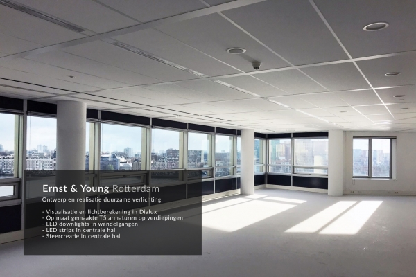 Ernst & Young Rotterdam // Ontwerp en realisatie duurzame verlichting / Visualisatie en lichtberekening met Dialux / Op maat gemaakte T5 armaturen op verdiepingen / LED downlights in wandelgangen / LED strips in centrale hal / Sfeercreatie in centrale hal Ernst & Young Rotterdam